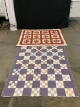 2 pcs Vintage Handmade Patchwork Quilts. 1x Purple Checkerboard, 1x Burnt Umber Flowers. See pics.