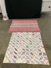 2 pcs Vintage Handmade Patchwork Quilts. 1x White w/ Alternating Squares, 1 Red w/ Diamonds. See