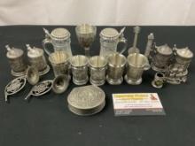 14 German Pewter, Steins, Figural Horns, Guitar, Astoria Column, Jewelry Box and more