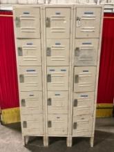 Vintage Gray Painted Steel Utility Lockers w/ 15 Storage Compartments. Measures 36" x 66" See pics.