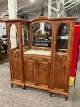 Antique Tiger Oak China Cabinet w/ Mirrors, Marble Counter, 2 Side Displays w/ Shelves. See pics,