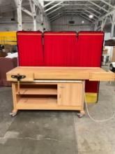 Gorgeous Solid Wood Woodworking Bench on wheels w/ 2 Wooden Clamps on table - See pics