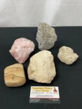 5 Rocks, Large Rose Quartz, Olivine, Pair of Sandstone, Sierra Stone