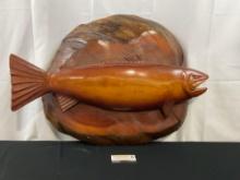 Large Hand Carved Wooden Salmon on Wooden Log Round Plaque