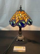 Tiffany Style Stained Glass Lamp, 12 inches tall, Peacock Feather Shade
