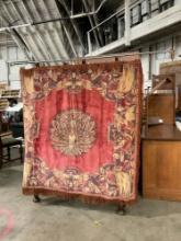 Stunning Antique Red & Purple Hanging Tapestry w/ Peacock, Bird Border & Metal Curtain Rod. See P...