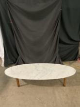 Vintage Low Wooden Coffee Table w/ Long Oval Shaped White Polished Marble Top. See pics.
