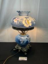 Vintage Handpainted Gone with the Wind Hurricane Lamp, Blue Milk Glass w/ Floral motif