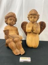 Pair of Handcarved Wooden Cherubs, 14 & 15 inches tall