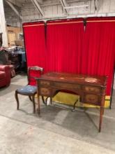 Antique Wood Writing Desk w/ 5 Drawers & Antique Wood Ladies Parlor Chair w/ Rose Carving. See pi...