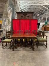 Vintage Wooden Dining Table w/ 3 Hidden Leaves & 6 pcs Urn Back Chairs w/ Green Floral Seats. See