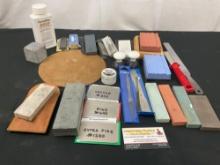 Assortment of Knife Sharpening Supplies, 14 Whetstones, 8 Files, and more