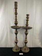 Pair of Tall Engraved Brass Pillars, Candleholders w/ hammered floral and scrollwork
