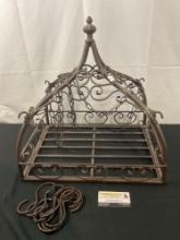 Vintage Wrought Iron Hanging Basket w/ Canopy, with Finial top. Incl. Hanging hooks