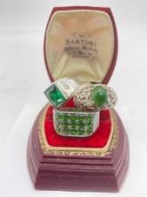 3 sterling silver & green crystal/glass setting rings sz 9 - signet & engagement style