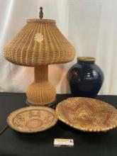 Vintage Wicker Lamp, Pair of Handwoven Basket Bowls & Glazed Stoneware Jug Vase, Dark Blue