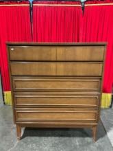 Vintage Wooden 5-Drawer Dresser w/ Blue Divider & Nice Grain. Measures 38" x 44.5" As Is. See pics.