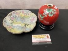 Satsuma Handpainted Chinese Dish & Ceramic Red and Ginkgo Leaves