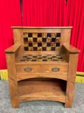 Antique Wooden Wash Stand w/ Checkered Brown & Yellow Tile Top & Backsplash, 1 Drawer & Shelf. See