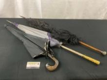 Trio of Antique Umbrellas, Eagle Shaped handle, Purple & Grey Parasol, Black on Black w/ Lace