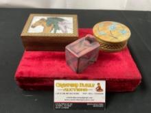 Trio of Trinket Boxes, Indian Soapstone, African Novelty Pop-Out Snake, Three Horse Engraved Piece