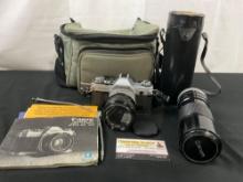 Vintage Canon AT-1 Film Camera w/ pair of lenses, Canon Lens FD 24mm 1:2.8 & 100-200mm 1:5.6 S.C.