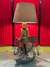 Vintage Large Floor Lamp w/ Ceramic Mountain Man Base & Jute Fabric Shade. Tested, Works. See pics.