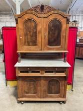 Antique German 2-Piece Wooden Kitchen Hutch w/ Marble Counter & Hand Carved Grotesques. See pics.