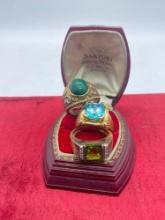 3x sterling silver and gold finish rings incl. large blue topaz/CZ ring & malachite ring