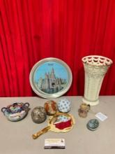 9 pcs Vintage Decorative Assortment. Lenox Cream Vase. Hand Painted Sugar Bowl. Hand Mirror. See