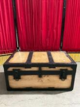 Vintage Wood Panel & Black Metal Steamer Trunk Chest w/ Beige Abstract Interior. See pics.