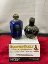 Pair of Vintage Chinese Snuff Bottles, Reverse Painted Blue Bottle & Silver/Black
