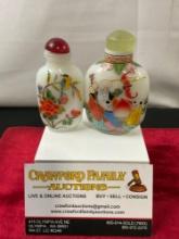 Pair of Vintage Chinese Snuff Bottles, milk glass w/ handpainted details