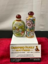 Pair of Chinese Glazed Porcelain Snuff Bottles, pair of ducks & floral piece w/ yellow background