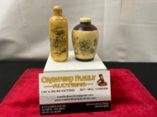 Pair of Chinese Snuff Bottles, Wood & Bone, engraved with scenes