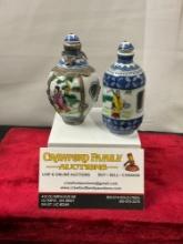 Pair of Chinese Porcelain Snuff Bottles w Rotating Center Pieces, handpainted designs