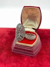 Pair of art deco style rings - sterling silver & marcasite shield ring & CZ & sterling ring