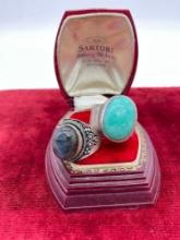 2x vintage heavy sterling silver cocktail rings w/ large stone cabochon settings sz 8