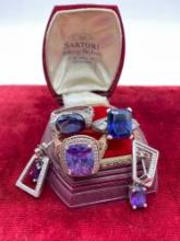 3x sterling silver cocktail rings with blue/purple glass stones & a pair or sterling earrings