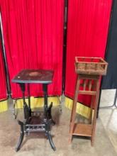2 pcs Vintage 2-Tier Wooden Lamp Tables or Planter Stands. 1x Victorian Ebonized. 1x Tiger Oak. See
