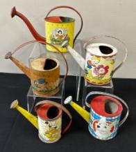 5 Vintage Children's Metal Watering Cans - J. Chein, Ohio Art Etc.