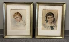 2 Maud Humphrey Bogart (1865-1940) Watercolors - Portraits Of Young Ladies,