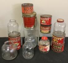 7 Old Tins - Lard, Coffee Etc.;     6 Old Glass Coffee & Crisco Jars