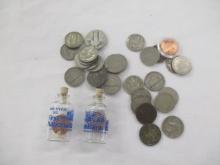 US Coin Grab Bag- coins in a bottle, 1 cent and 5 cent pieces, Barber, Buffalo & Jefferson- some war