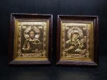 Religious Icon-(2) Framed High Relief Brass Lady Mary & Jesus/Jesus (x2)