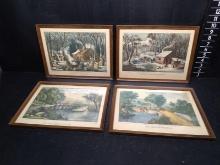 Framed Print Set (4)-Currier & Ives Maple Sugaring, The Old Ford Bridge,  (x4)