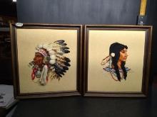 Artwork-(2) Framed Embroidery Work-Indian Chief and Squaw (x2)