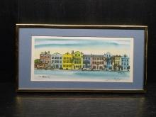 Framed and matted Watercolor-Rainbow Row Charleston SC signed Roberts