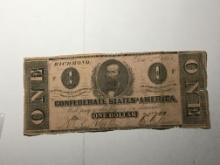 1862 Confederate $1 Note Richmond 