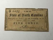 1861 State North Carolina Confederate 5 Cent Note